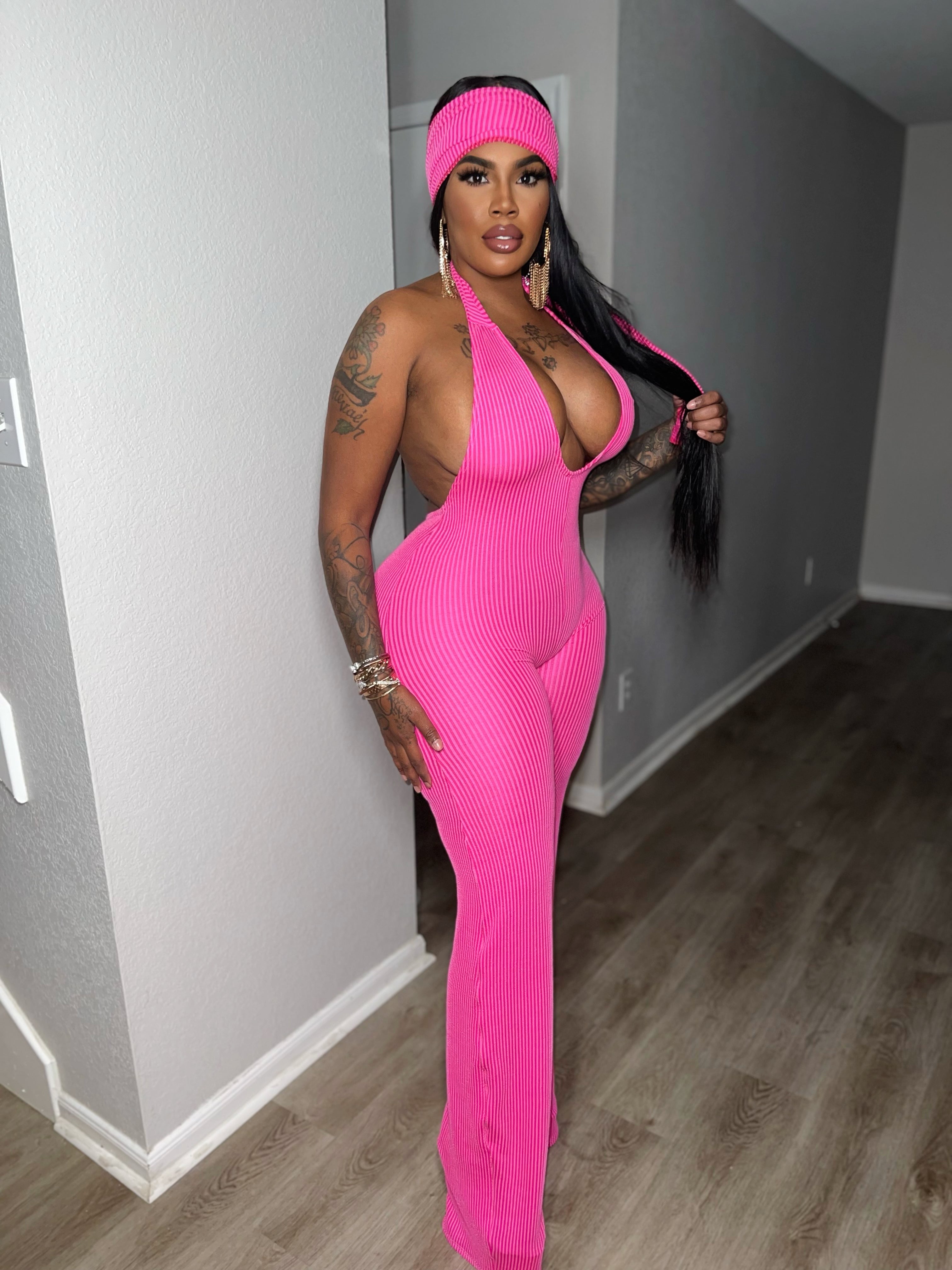 Pink passion jumpsuit with head wrap