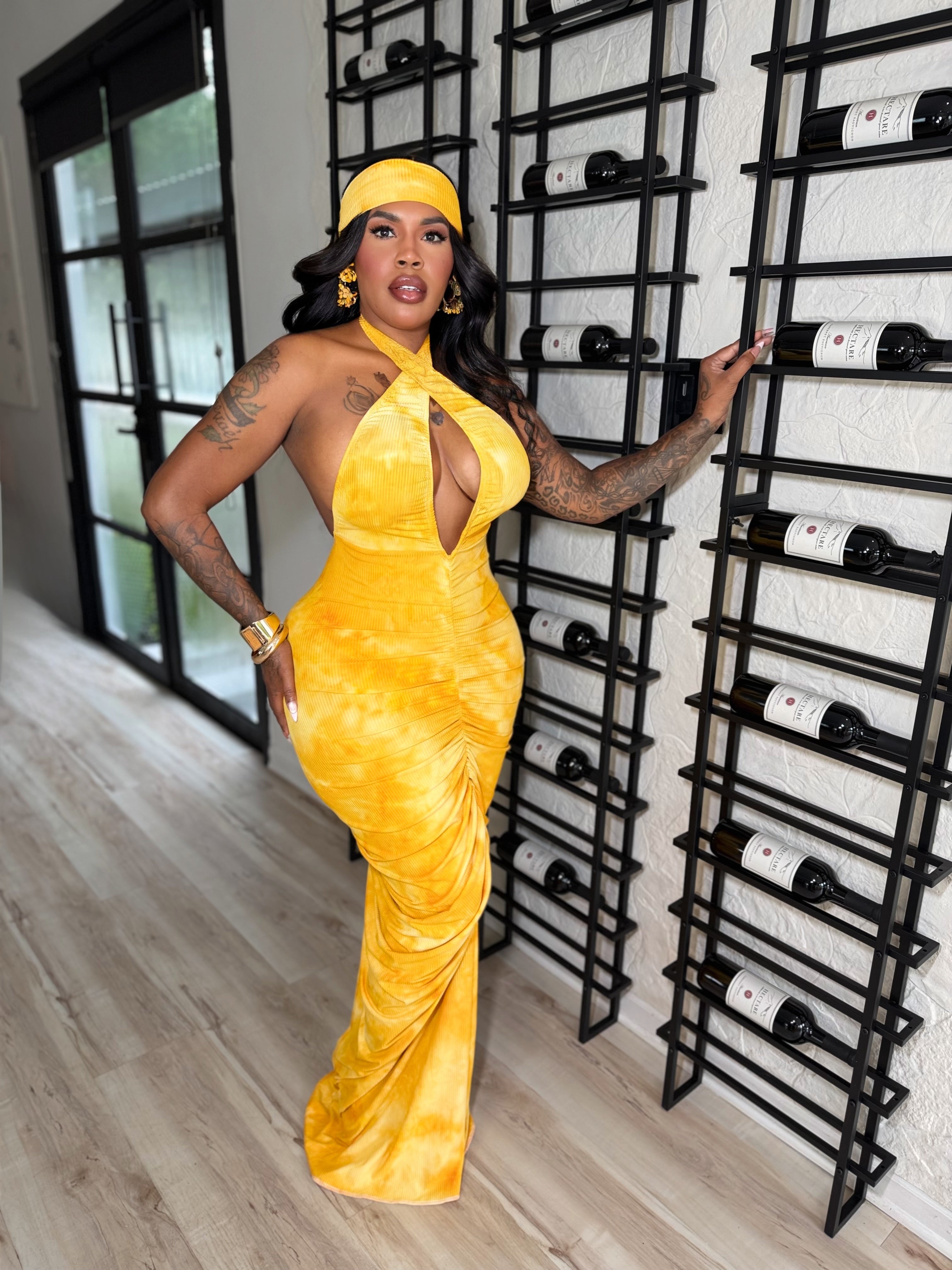 Yellow ash wash maxi dress with headscarf