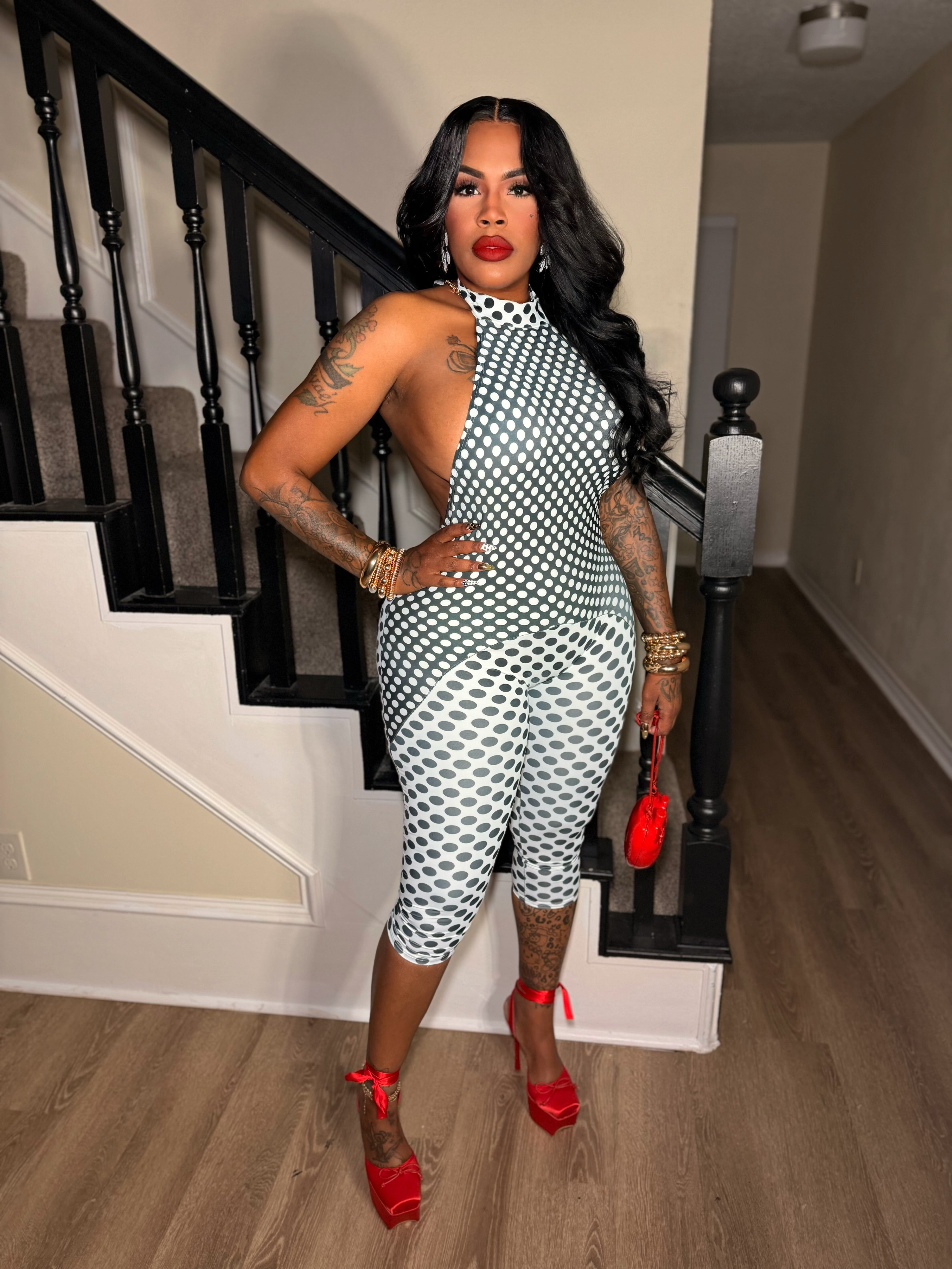 Polka dot halter open back jumpsuit