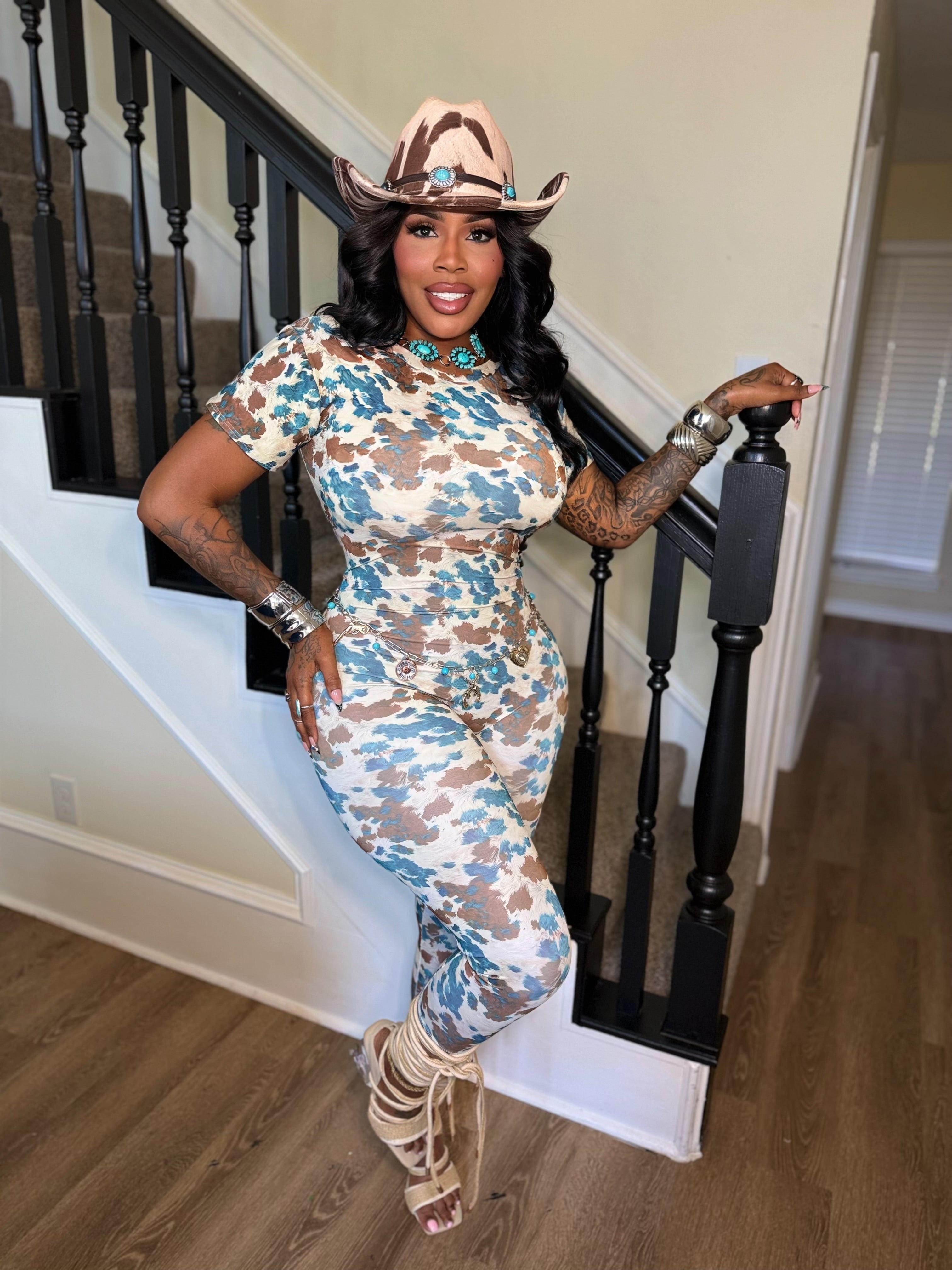 Cow print bodycon jumpsuit