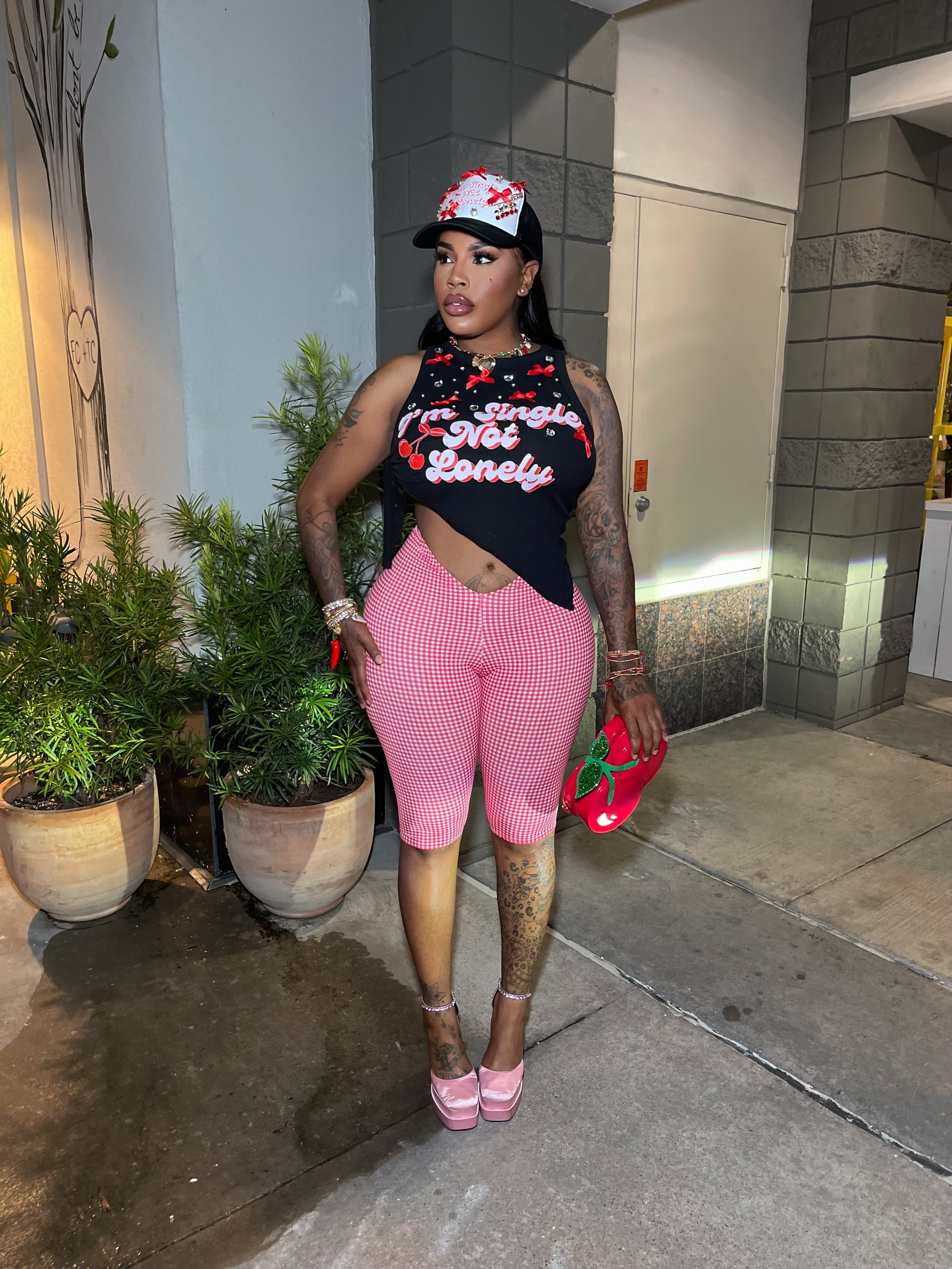 Red gingham biker legging with headband