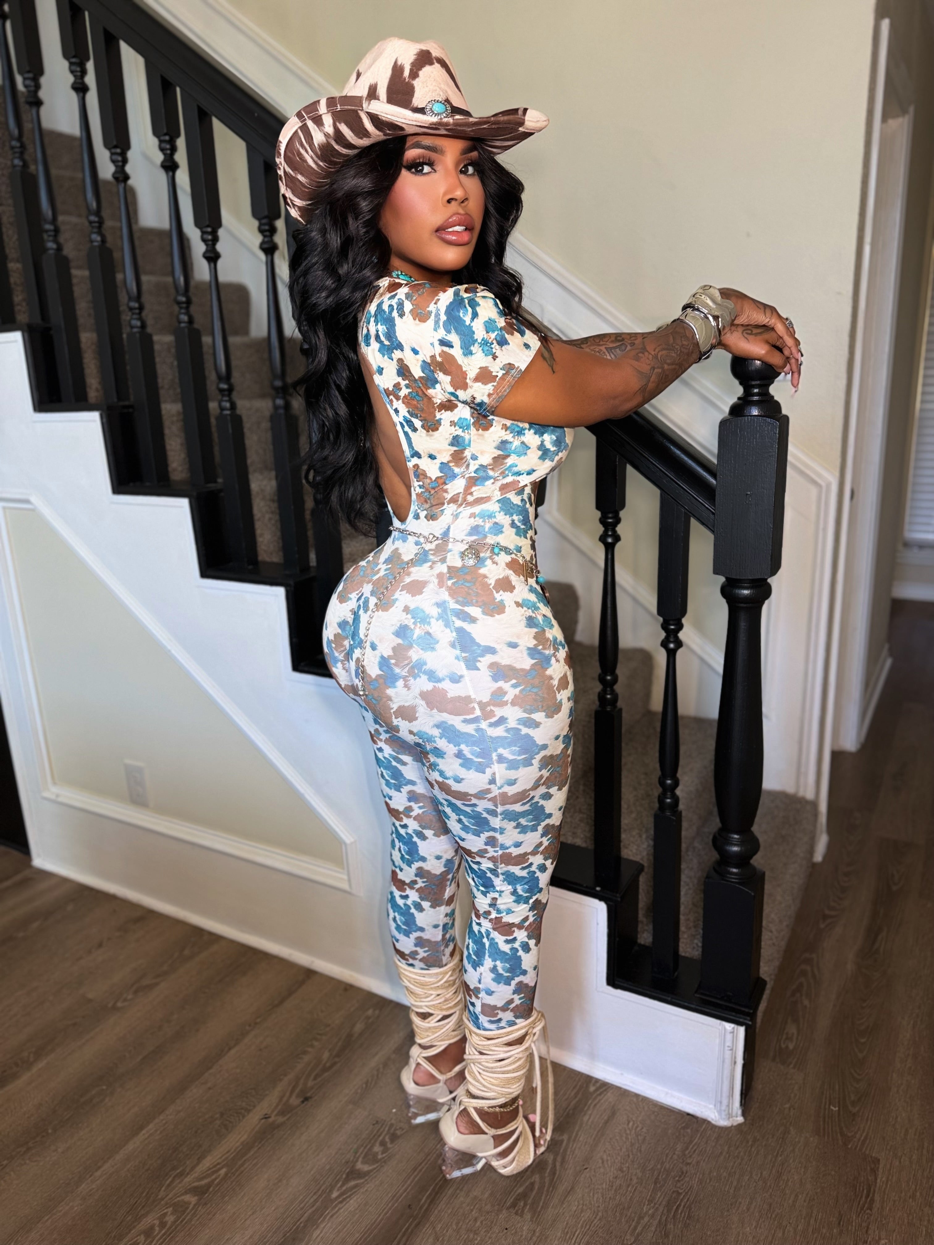 Cow print bodycon jumpsuit