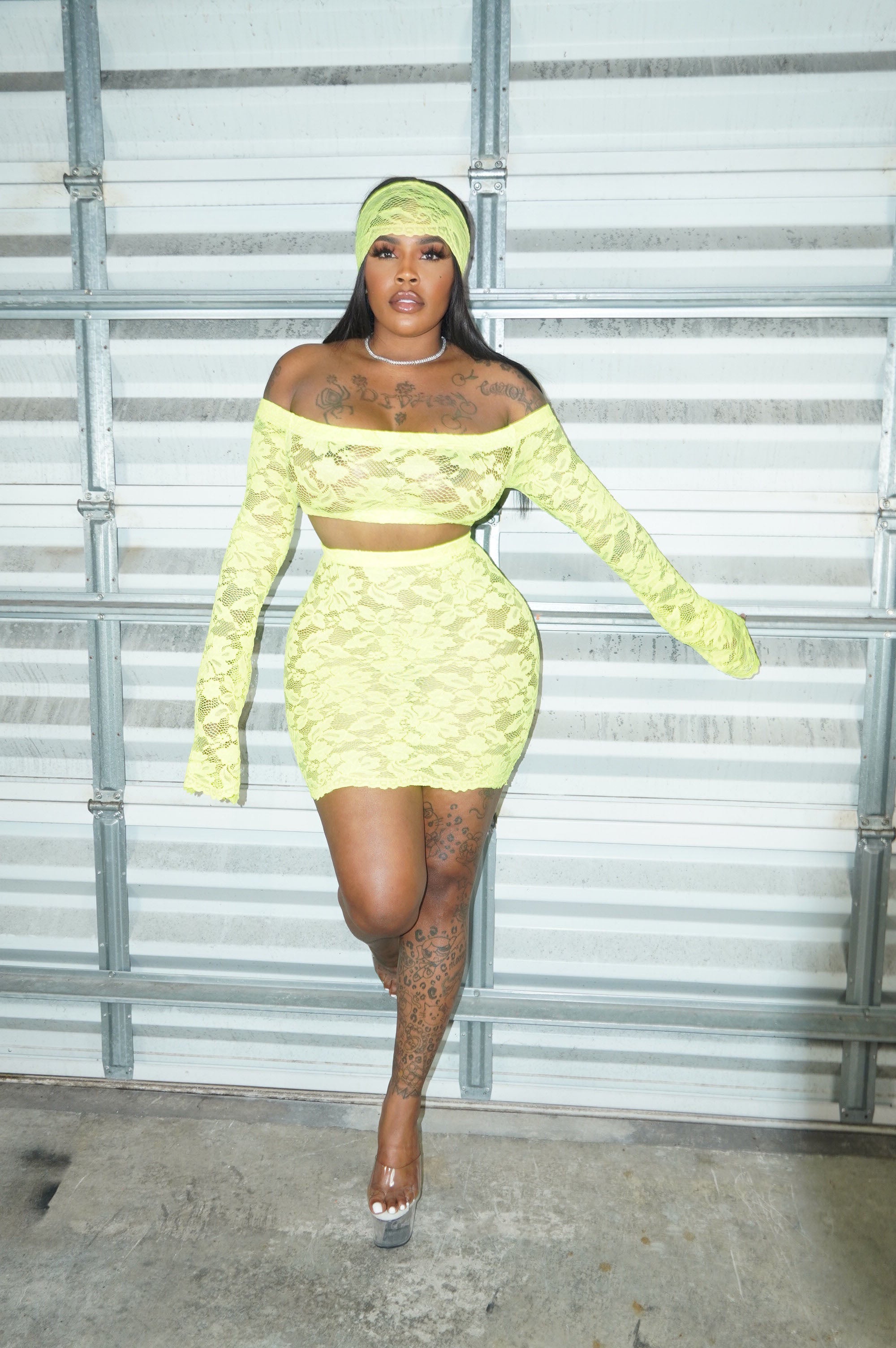 Lime green laced up skirt set with headscarf