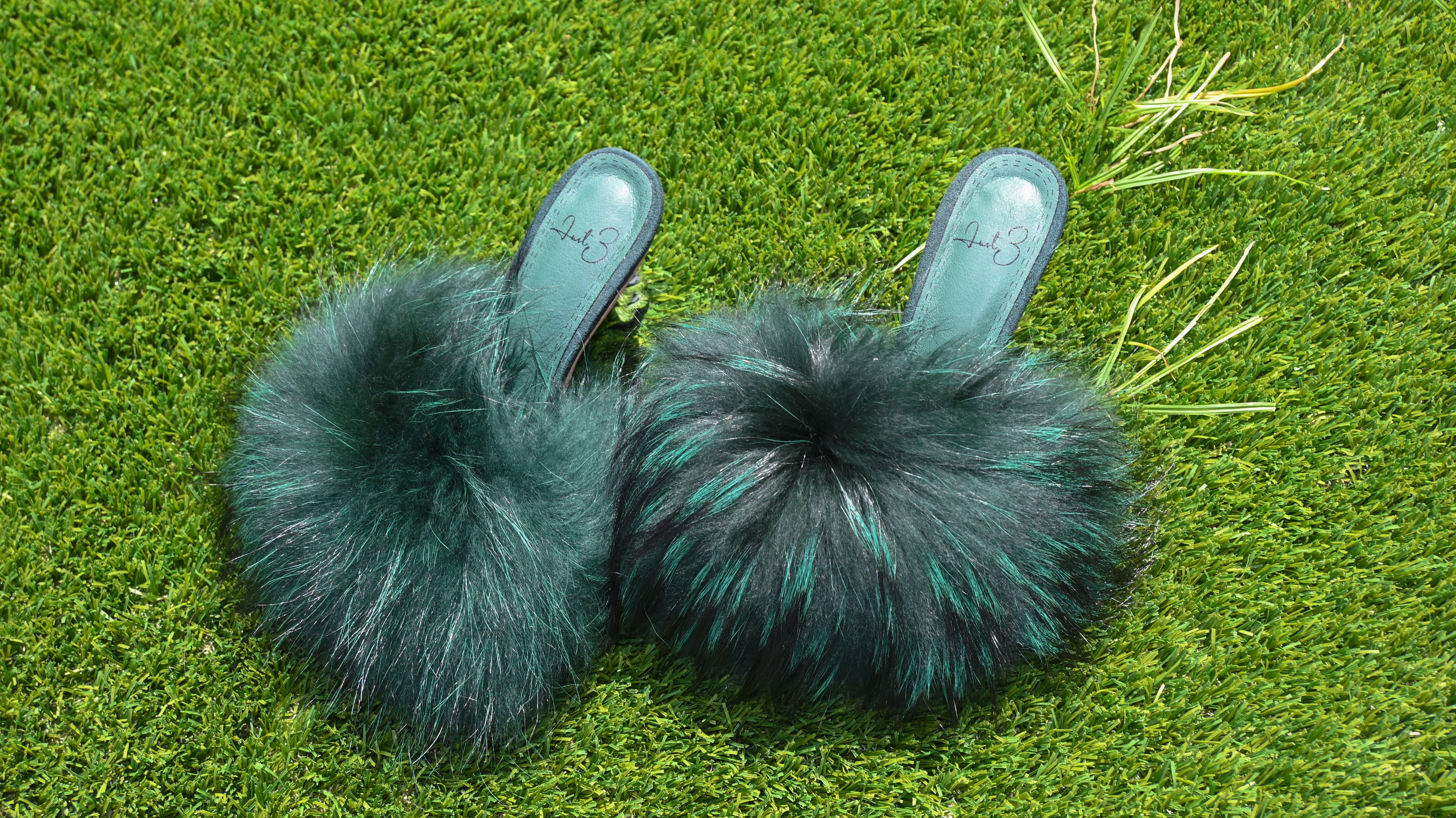 Fur in the summer green mules