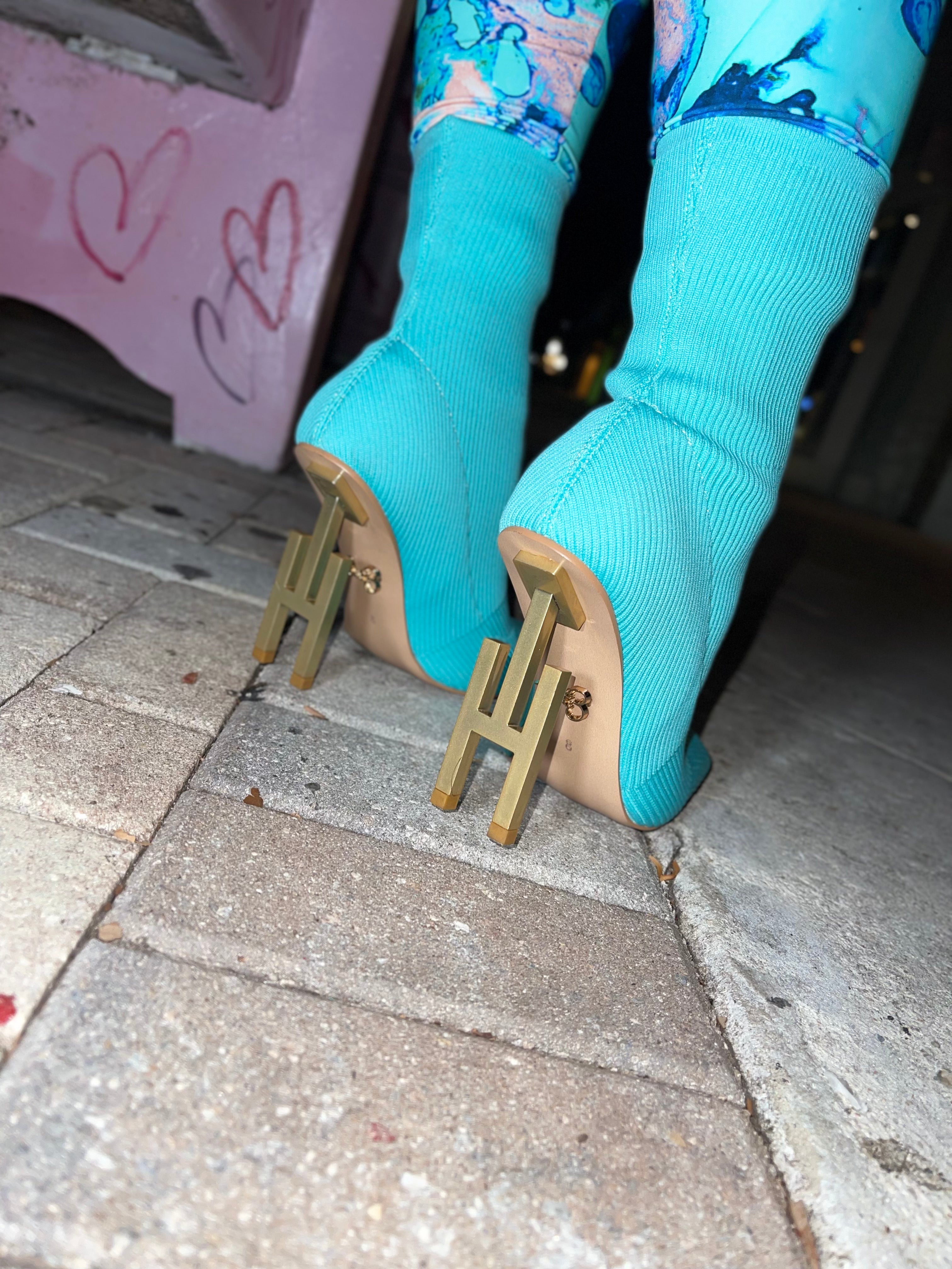 Teal blue sock H heel